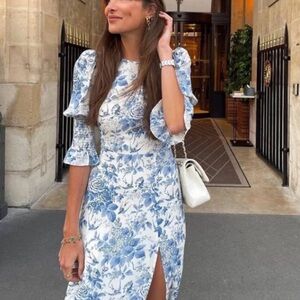 Reformation Carolena Dress in Pompadour, Blue and White Floral Long Sleeve